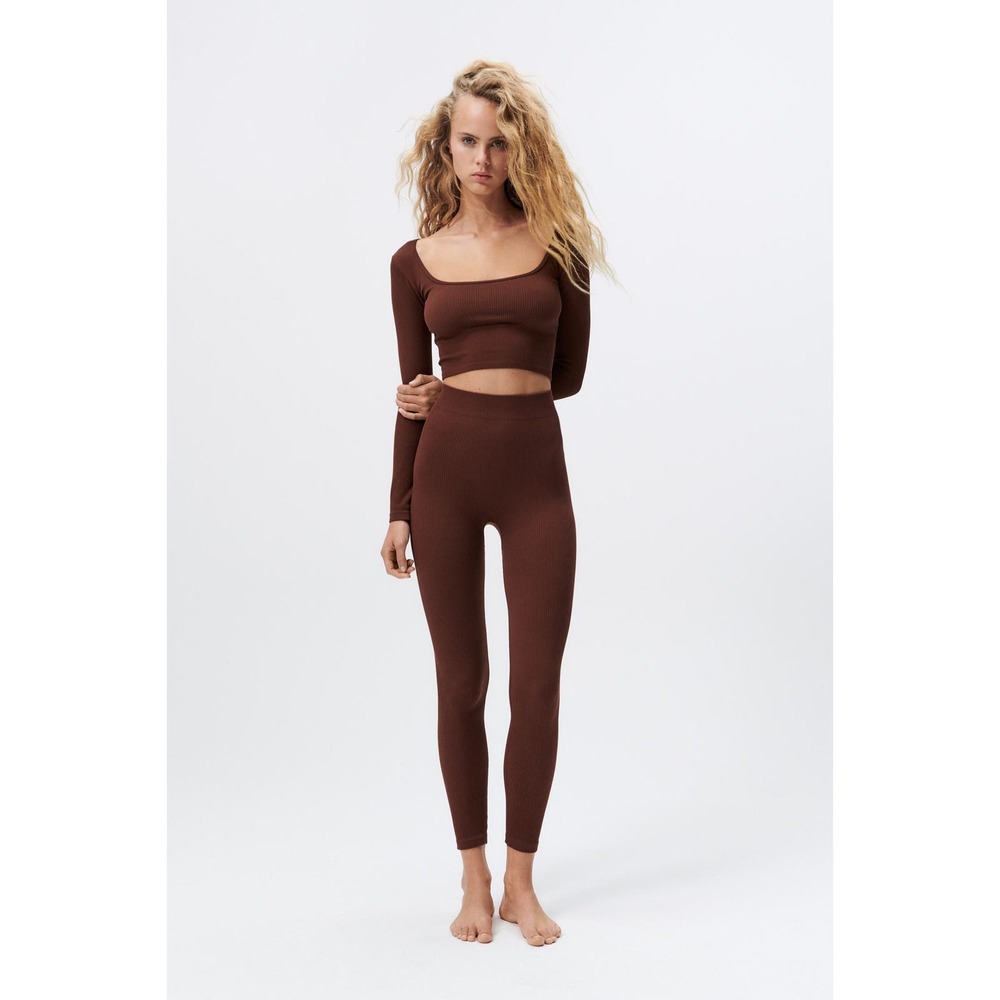 Zara GUC Ribbed Knit High Waist Leggings Size XS-S Chocolate Brown Lounge